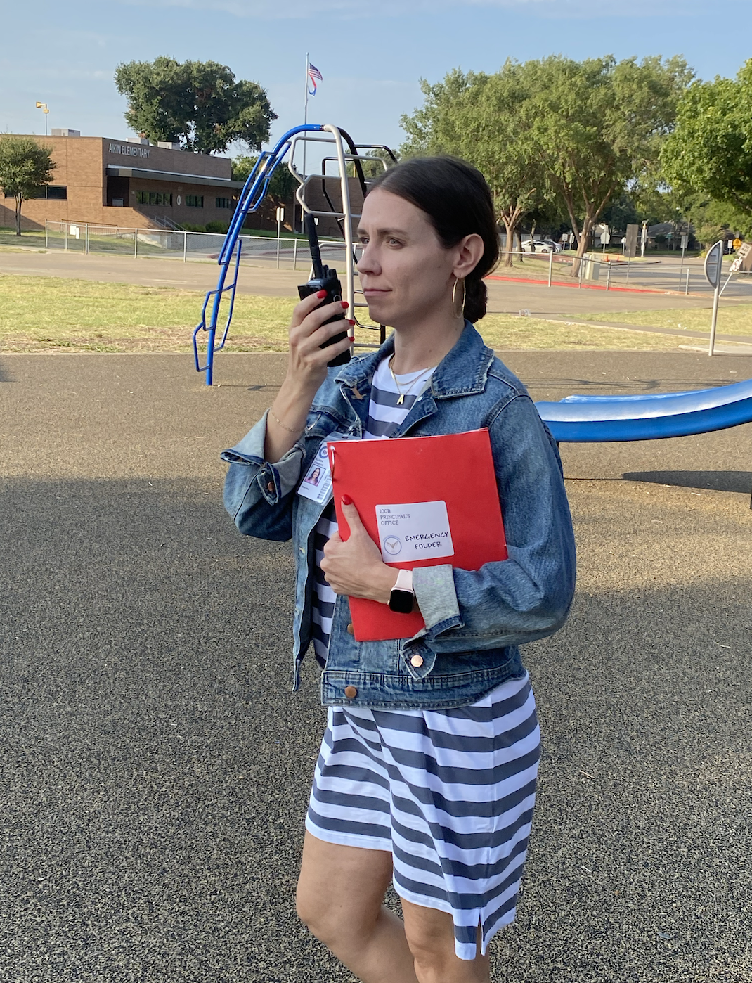 Principal Congdon during a safety drill with her walkie talkie